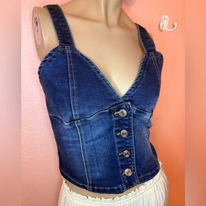 Refuge Denim Button Front Cropped Denim Tank Top Smocked Back Festival Boho